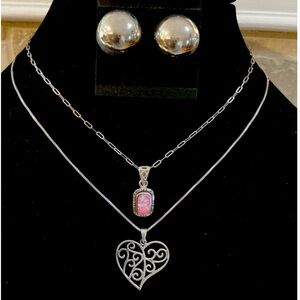Vintage 925 Sterling Silver 16” Necklaces (2) & Dome Earrings Lot-Pink Fire Opal